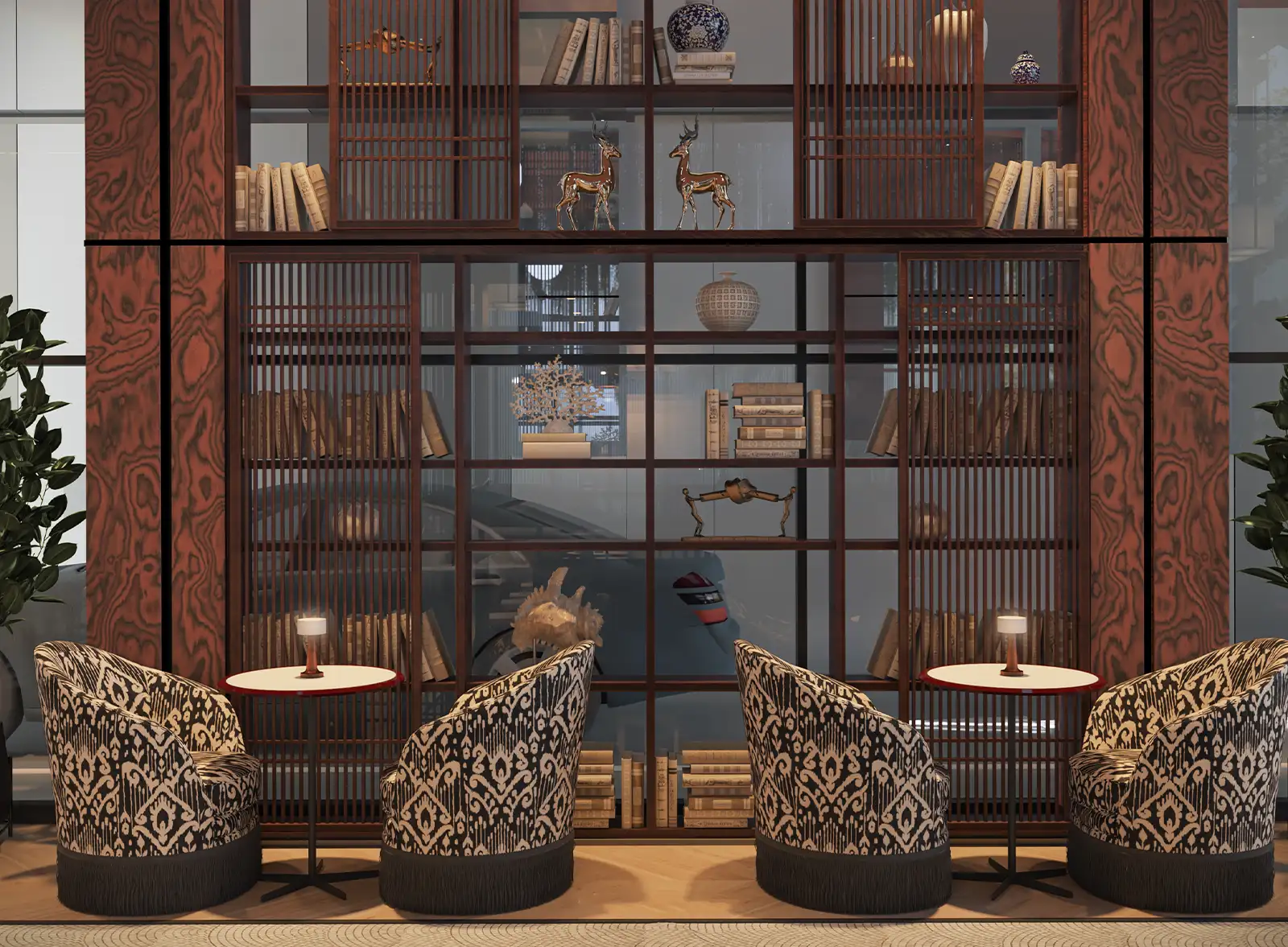Sophisticated lounge area in a library setting with rich wooden bookshelves, patterned armchairs, and subtle lighting, creating an intimate space for reading and relaxation amidst a curated collection of books and artifacts.