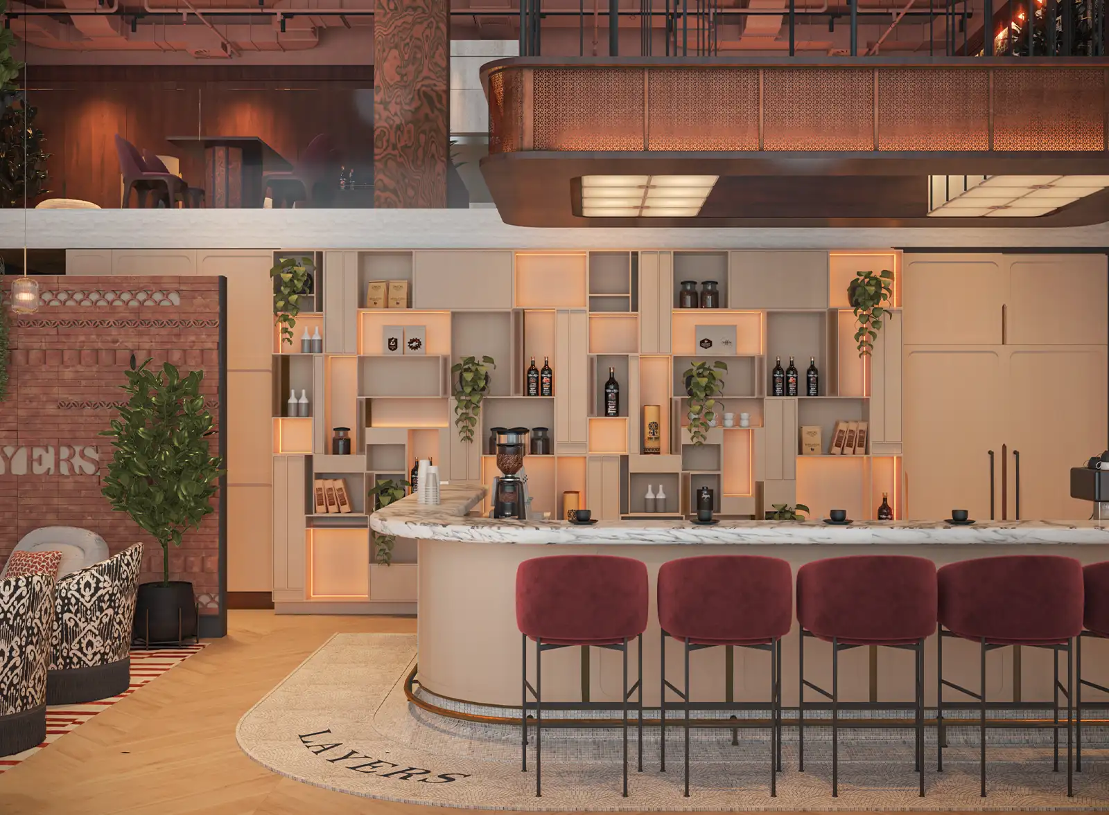 Contemporary lounge interior with a marble-topped bar, velvet bar stools, and bespoke shelving filled with curated coffee and decor, illuminated by warm lighting against a backdrop of brick and wooden textures, inviting a relaxed yet upscale coffee experience.