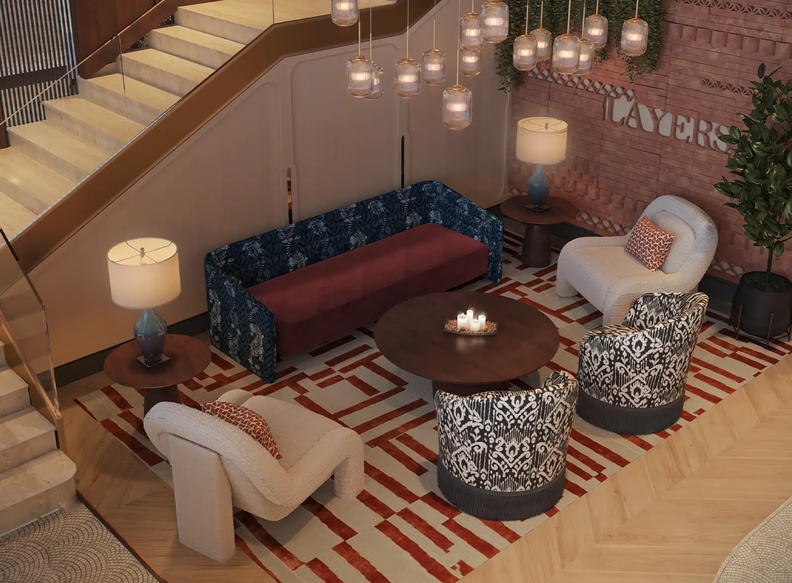 Cozy lounge area with eclectic interior design, featuring a patterned rug, a mix of plush armchairs with bold prints, a burgundy sofa, a round wooden coffee table, and ambient lighting from hanging pendant lamps, creating a warm and inviting atmosphere