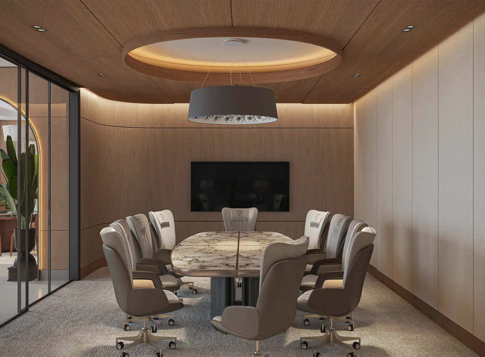 Modern meeting room with a marble table, plush rolling chairs, and a statement pendant light, encapsulating a sophisticated and functional interior design.