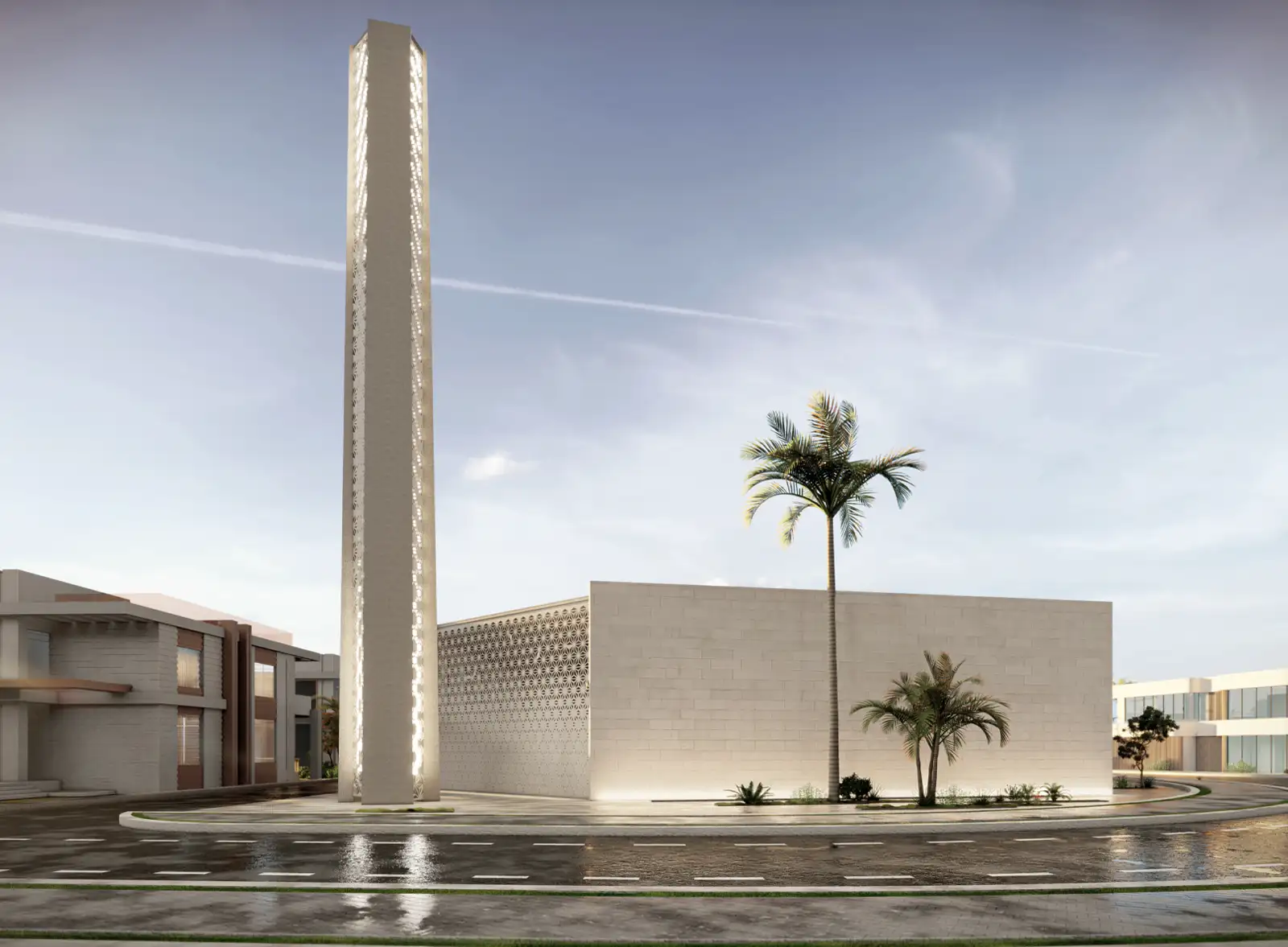 Modern mosque architecture featuring a tall, slender minaret with intricate detailing, adjacent to a simplistic white mosque facade, complemented by tropical palm trees under a clear sky, symbolizing a blend of traditional elements and contemporary design