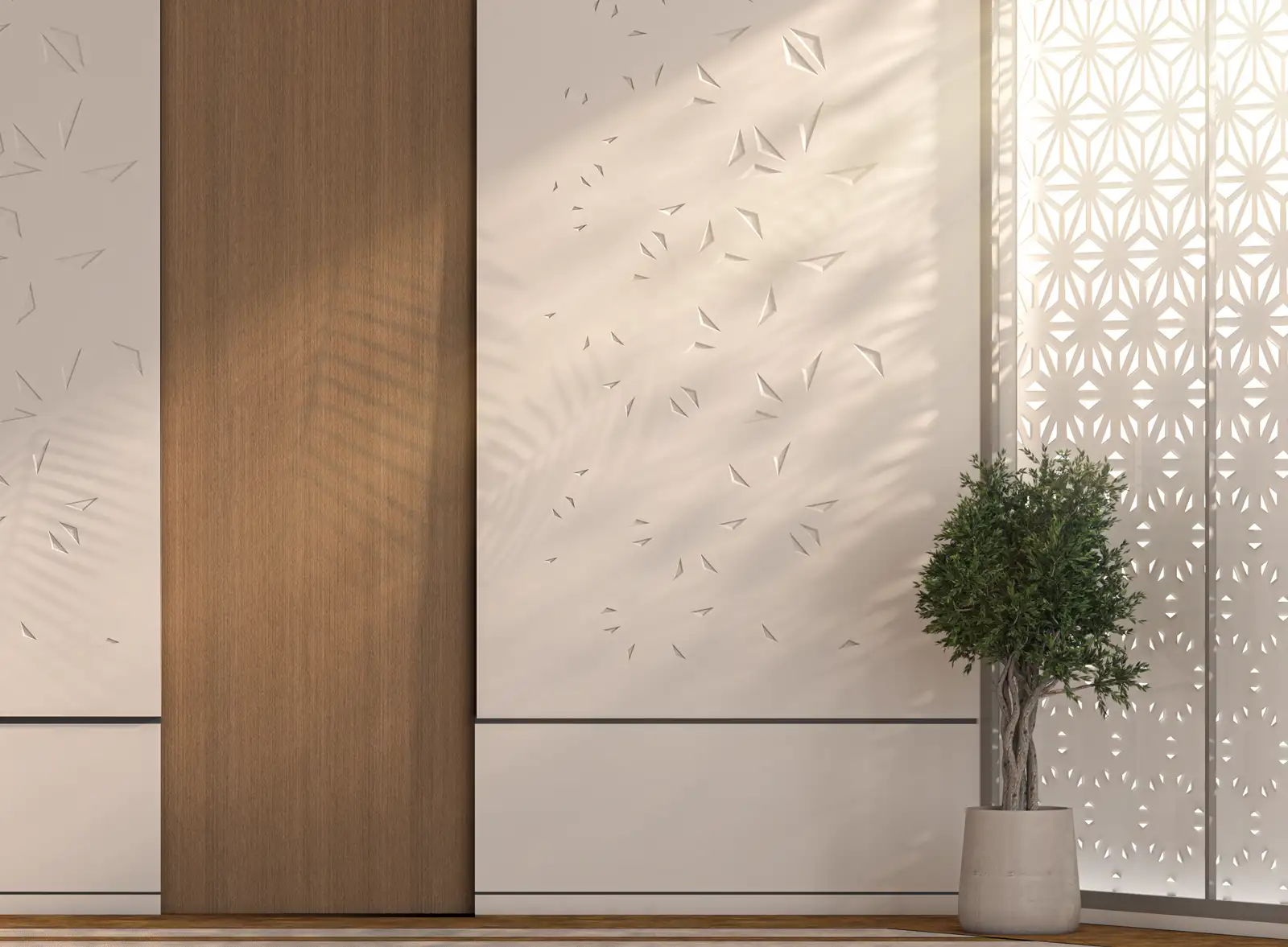 Minimalist mosque interior with a serene ambiance, featuring a wooden column, a potted olive tree, and a delicately patterned jali screen allowing light to filter through, creating a play of shadows and light for a contemplative and spiritual atmosphere.