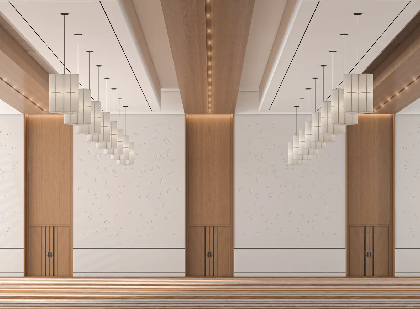 Contemporary mosque interior featuring elegant geometric pendant lighting, rich wooden architectural details, and serene white textured walls that create a peaceful and reflective spiritual space.