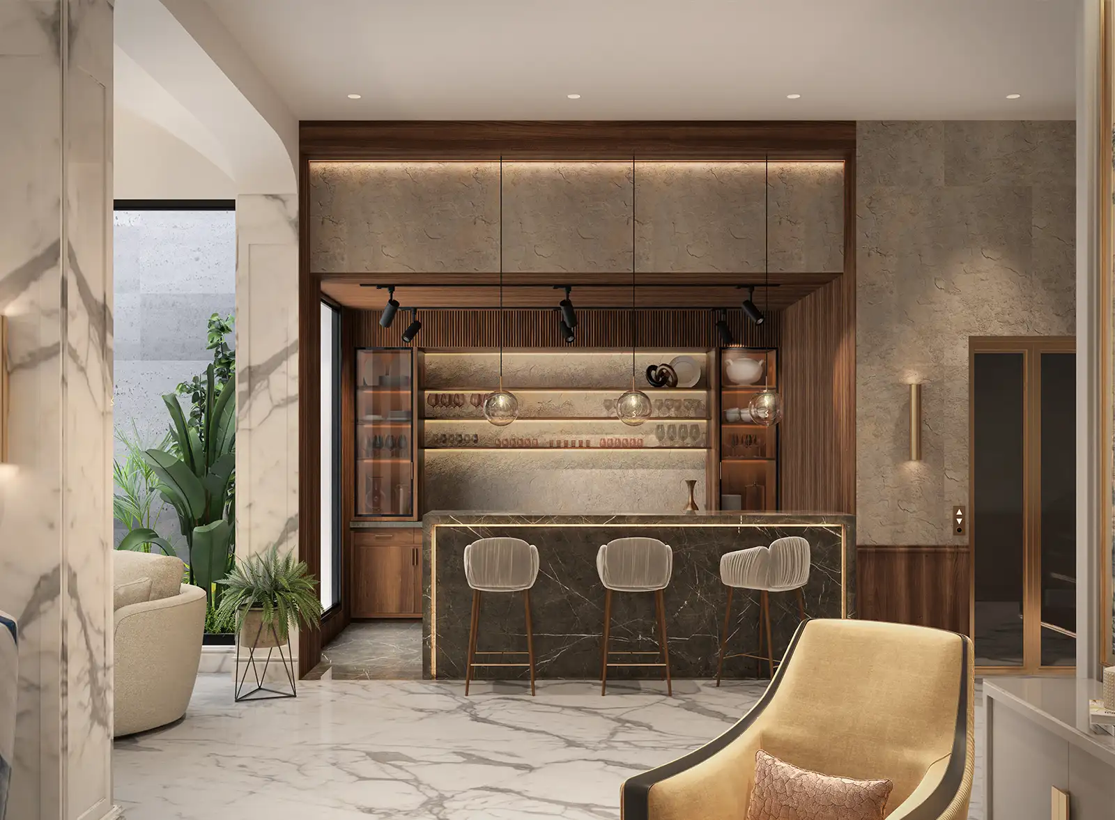 Elegant home bar in a modern interior design setting with marble countertops, wood cabinetry, and stylish seating, ideal for sophisticated entertaining.