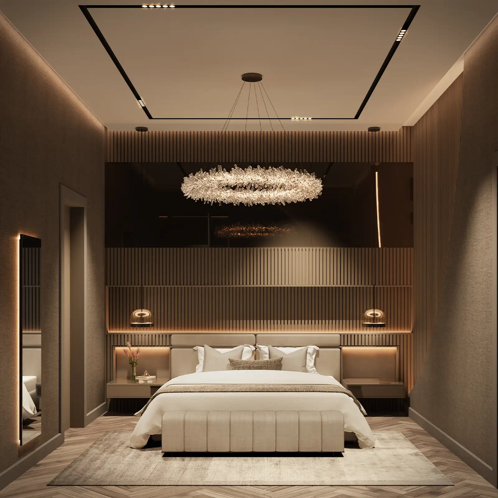 Contemporary bedroom featuring sleek wood paneling, a luxurious crystal chandelier, and plush bedding - a perfect blend of comfort and modern interior design aesthetics