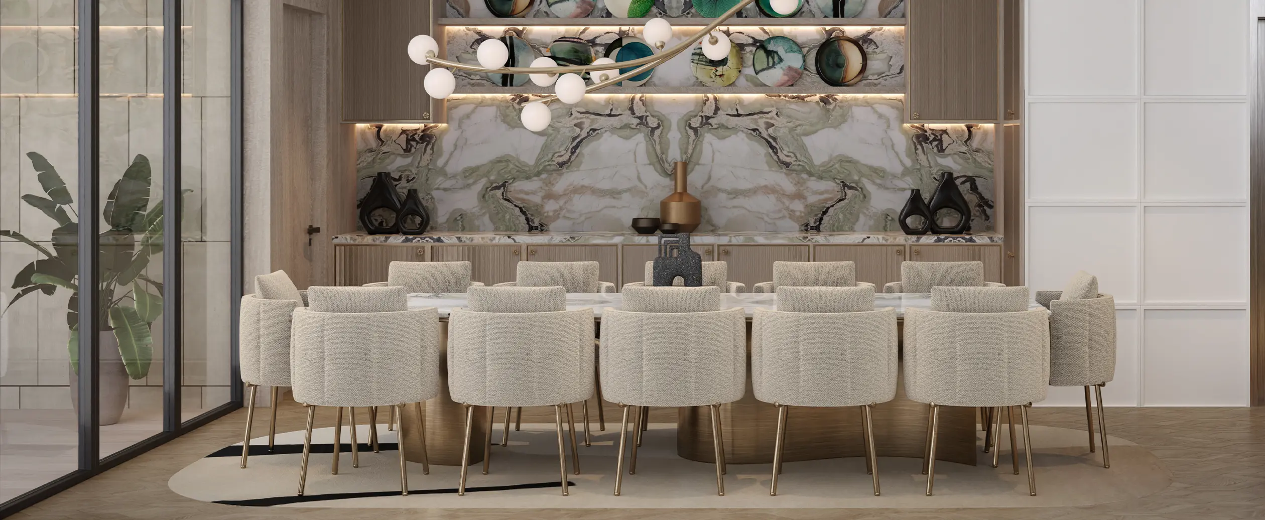 Opulent dining room interior design with a modern artistic chandelier over a round marble table, surrounded by elegant textured chairs, set against a backdrop of a striking marble wall and decorative plates, embodying a luxurious and contemporary dining experience
