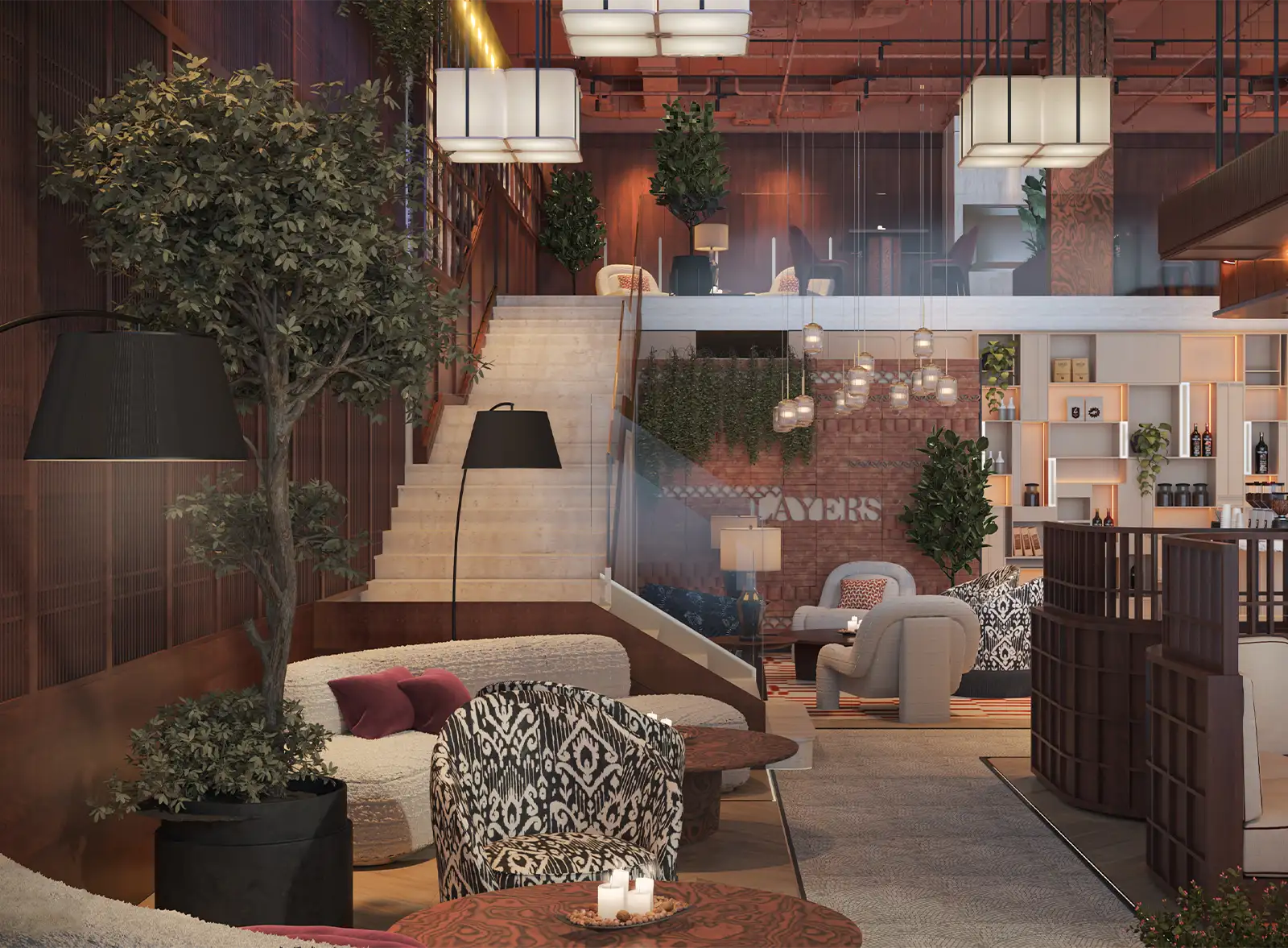 Urban-chic loft space with an open-concept design, featuring exposed ceiling beams, a mix of industrial and botanical elements, cozy seating areas with patterned armchairs, and pendant lighting, creating a warm and inviting atmosphere for both work and relaxation.