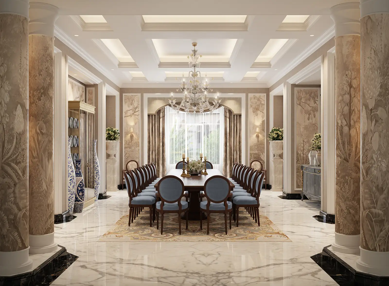Opulent dining room interior design featuring a grand table set with high-back chairs, sophisticated marble flooring, elaborate columns, and a majestic crystal chandelier, surrounded by elegant decorative elements