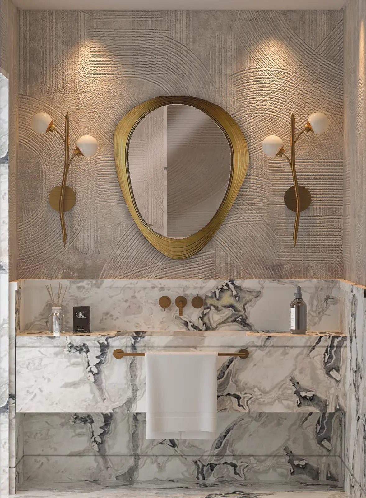 Sophisticated bathroom interior design with textured wall, a round gold-framed mirror, dual wall sconces, and a luxurious marble sink with brass fixtures, exuding elegance and contemporary style.