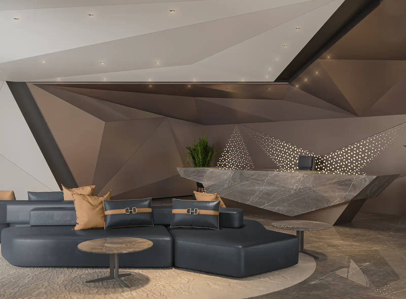 Futuristic interior design in a lounge area with geometric ceiling patterns, a sleek marble reception desk with artistic cutouts, contemporary navy modular seating with gold accent pillows, and sophisticated ambient lighting for a cutting-edge aesthetic