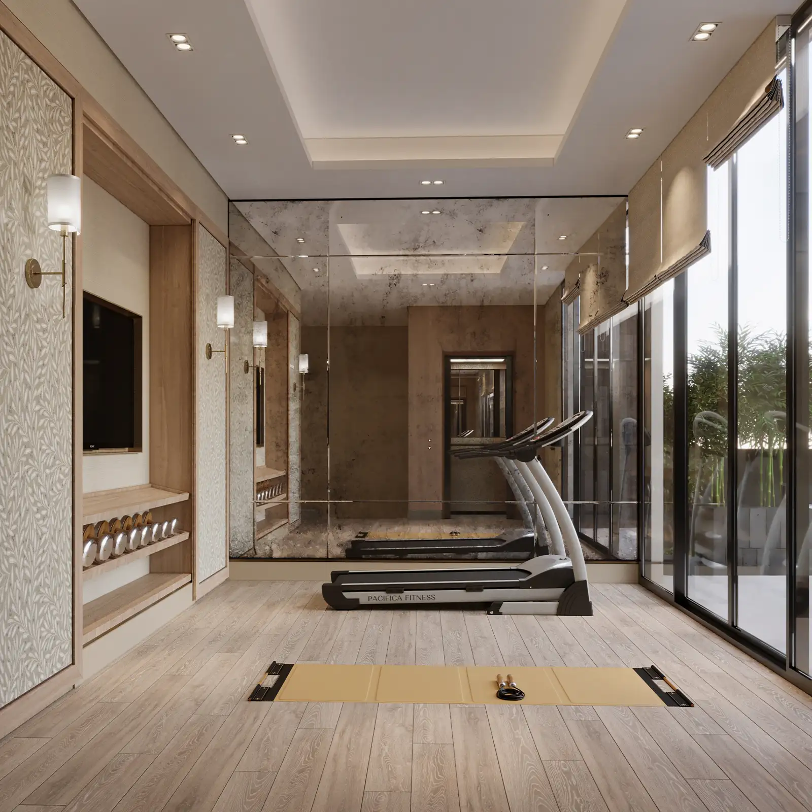 Spacious and well-lit home gym interior design, featuring a sleek treadmill, mirrored walls, a yoga mat setup, and a serene outdoor view through large glass doors, combining functionality with modern aesthetics for a motivating workout environment