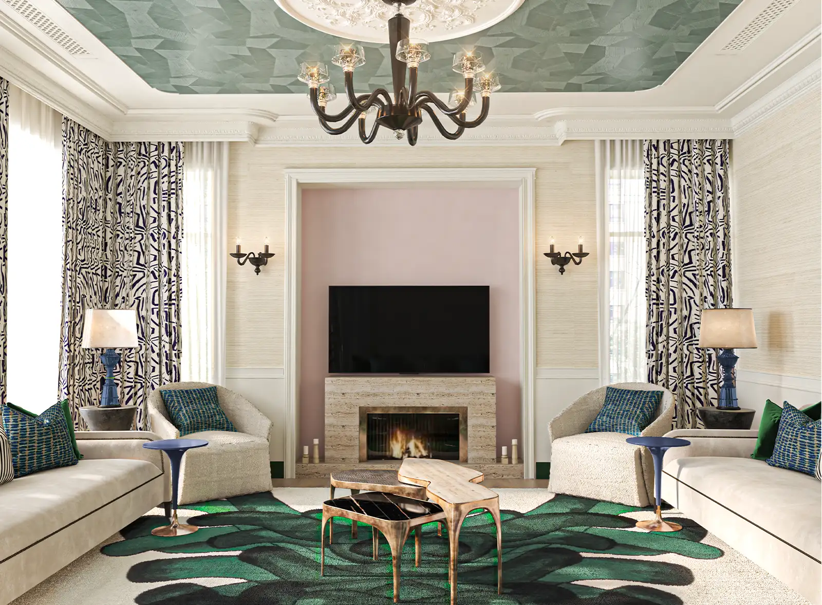 Elegant living room interior design with a pale pink fireplace, sophisticated geometric ceiling art, classic chandelier, patterned curtains, and a statement green leafy rug, complemented by plush seating and stylish side tables