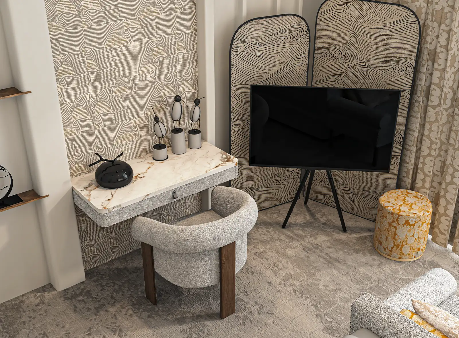 Chic interior design of a vanity area with a marble tabletop, elegant textured wallpaper, and a unique upholstered chair, complemented by decorative vases and a modern television set, blending functionality with sophisticated style.