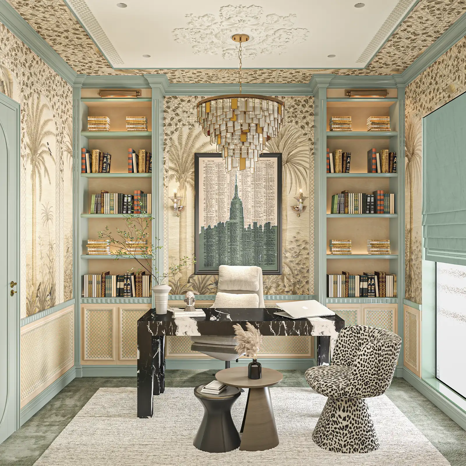 Refined home office interior design featuring pastel green built-in bookshelves, an elegant black marble desk, a chic leopard print armchair, and a sophisticated chandelier, all set against a backdrop of decorative palm wallpaper and a ceiling with ornate moldings