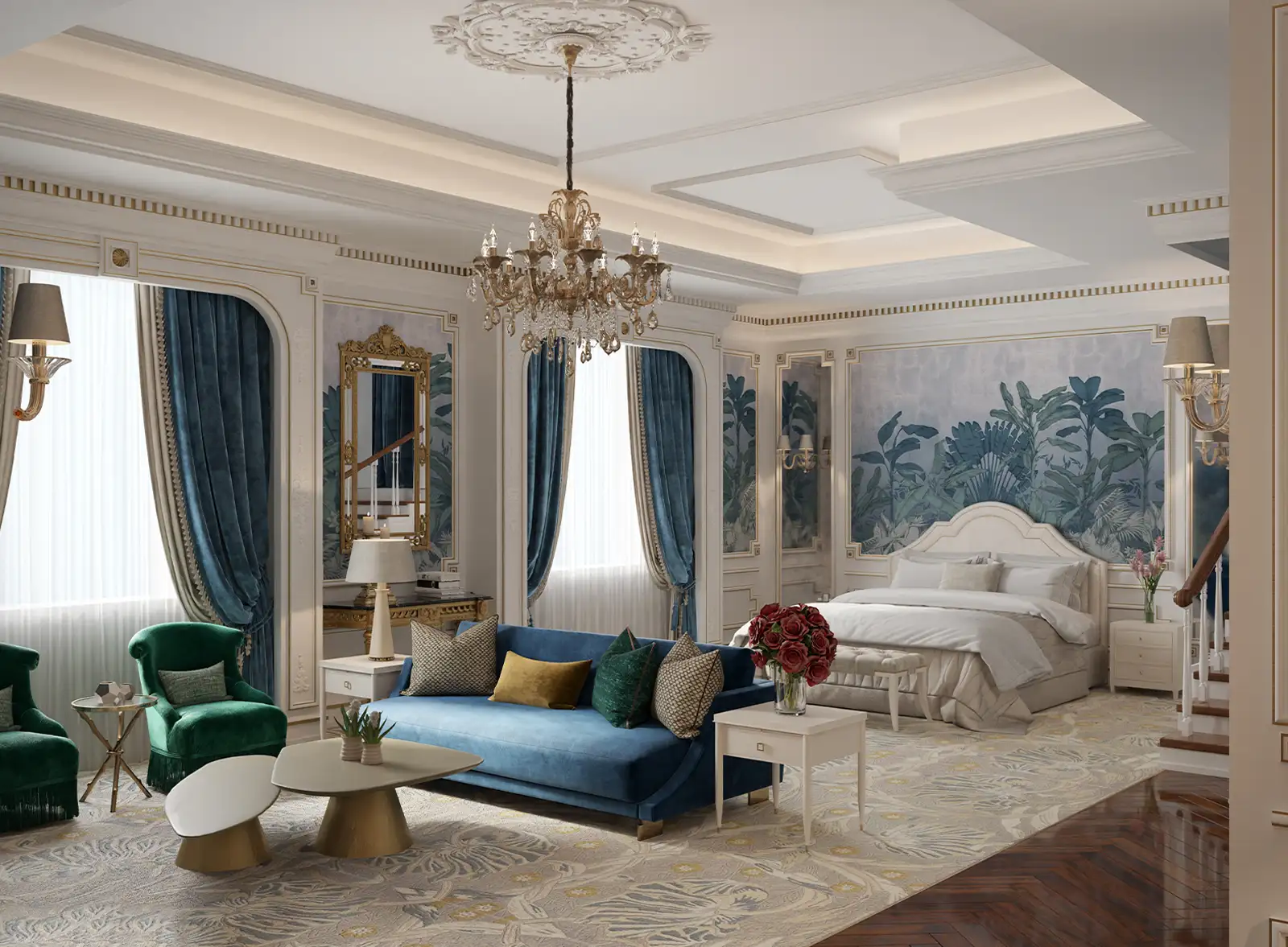 Luxury bedroom and lounge area interior design with a plush blue velvet sofa, elegant green armchairs, gold coffee tables, a classic white bed, and tropical mural wallpaper, under a grand crystal chandelier and detailed ceiling architecture