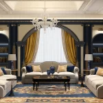 Refined living room interior design featuring deep blue built-in bookcases, gold drapery, luxurious patterned area rug, white plush sofas, and an intricate crystal chandelier, creating a space of sophistication and traditional elegance.