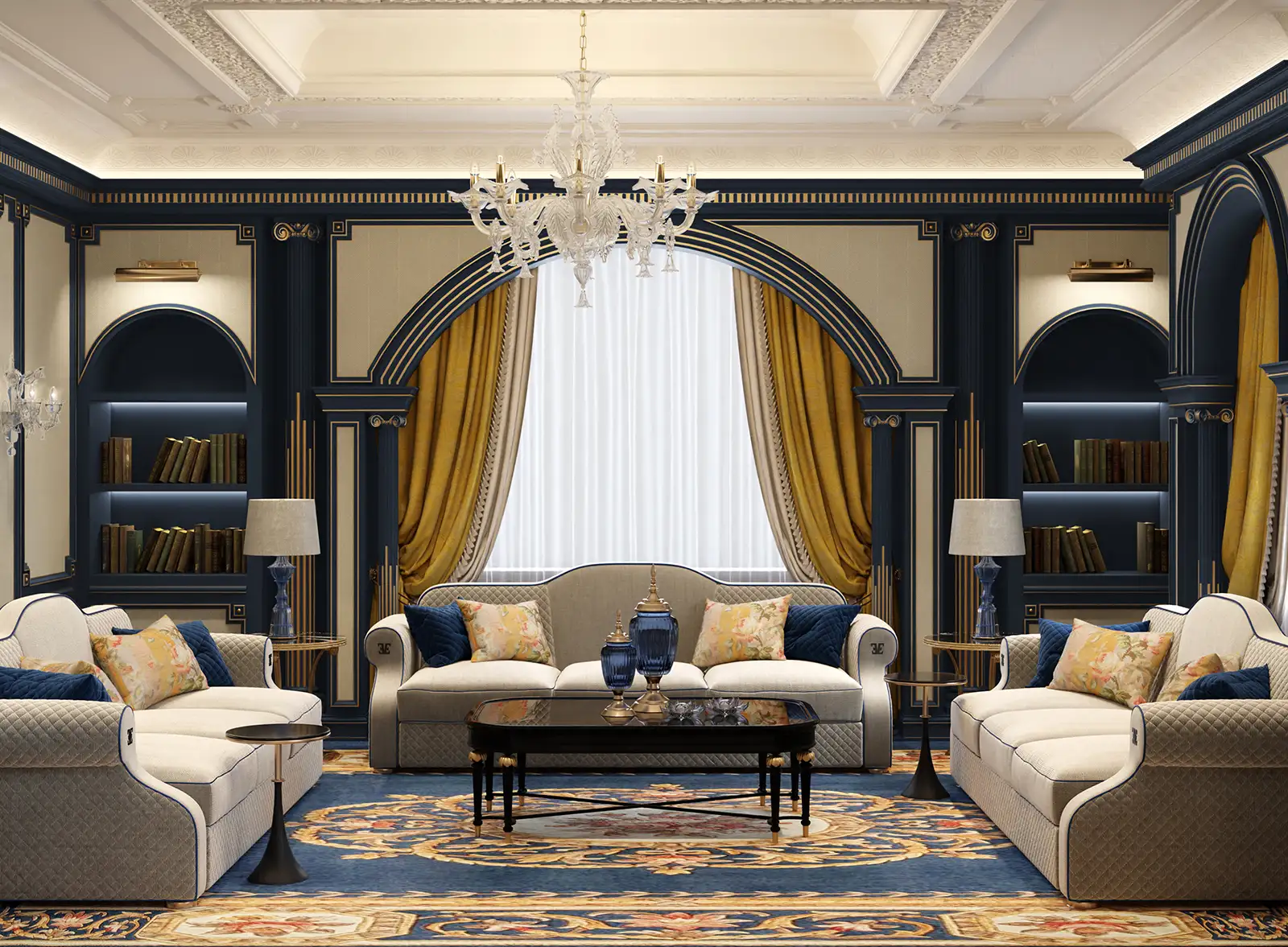 Refined living room interior design featuring deep blue built-in bookcases, gold drapery, luxurious patterned area rug, white plush sofas, and an intricate crystal chandelier, creating a space of sophistication and traditional elegance.